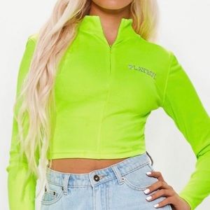 Neon green reflective playboy Quarter zip crop top